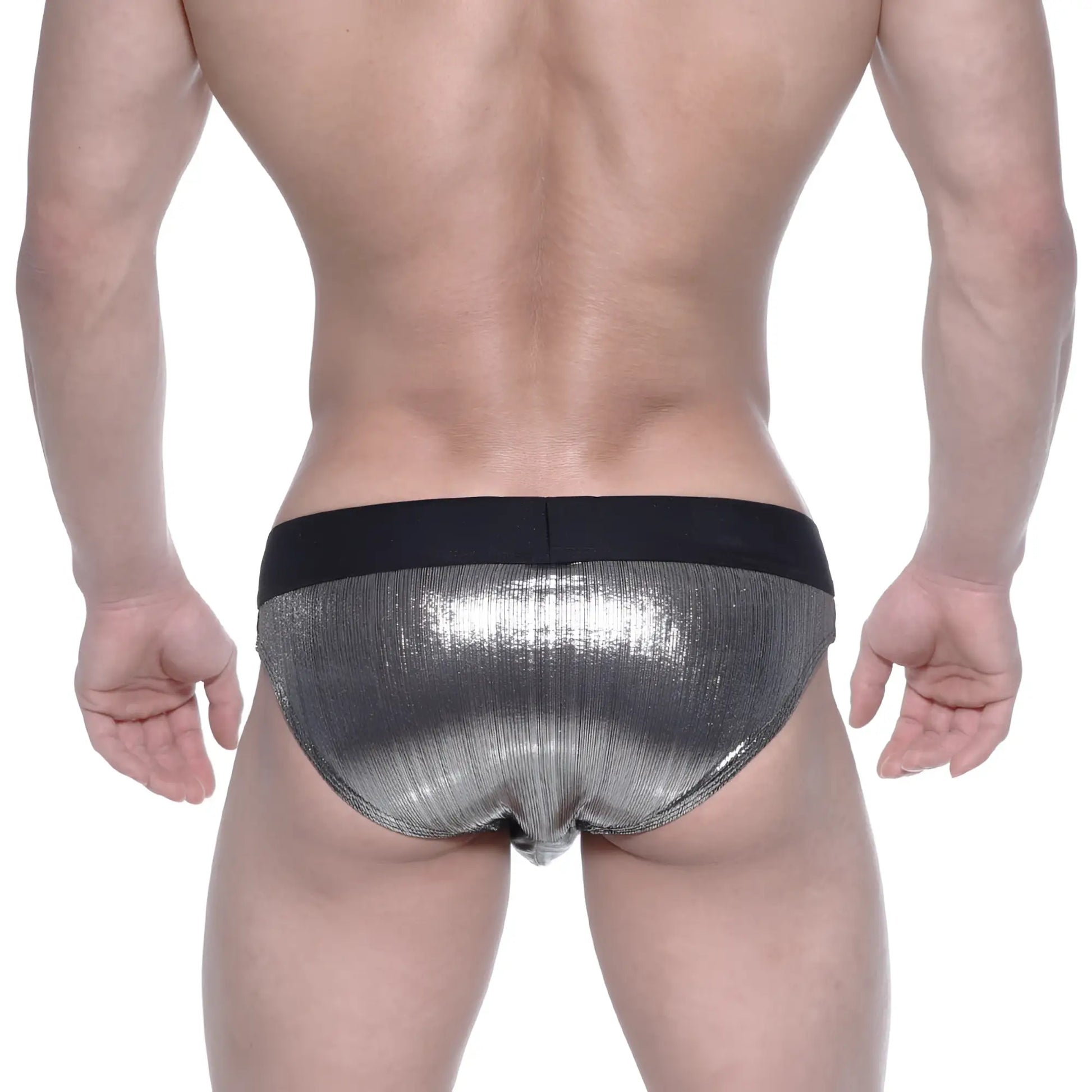 MetroMaleWear STARS swim brief in shiny silver metallic fabric with a black elastic waistband for men