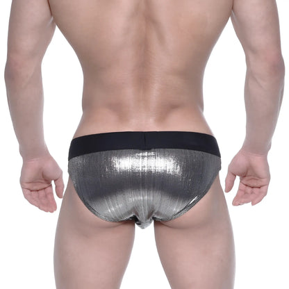 MetroMaleWear STARS swim brief in shiny silver metallic fabric with a black elastic waistband for men