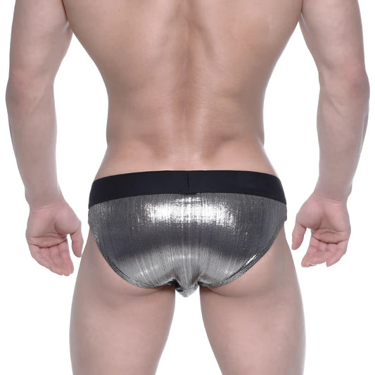 MetroMaleWear STARS swim brief in shiny silver metallic fabric with a black elastic waistband for men