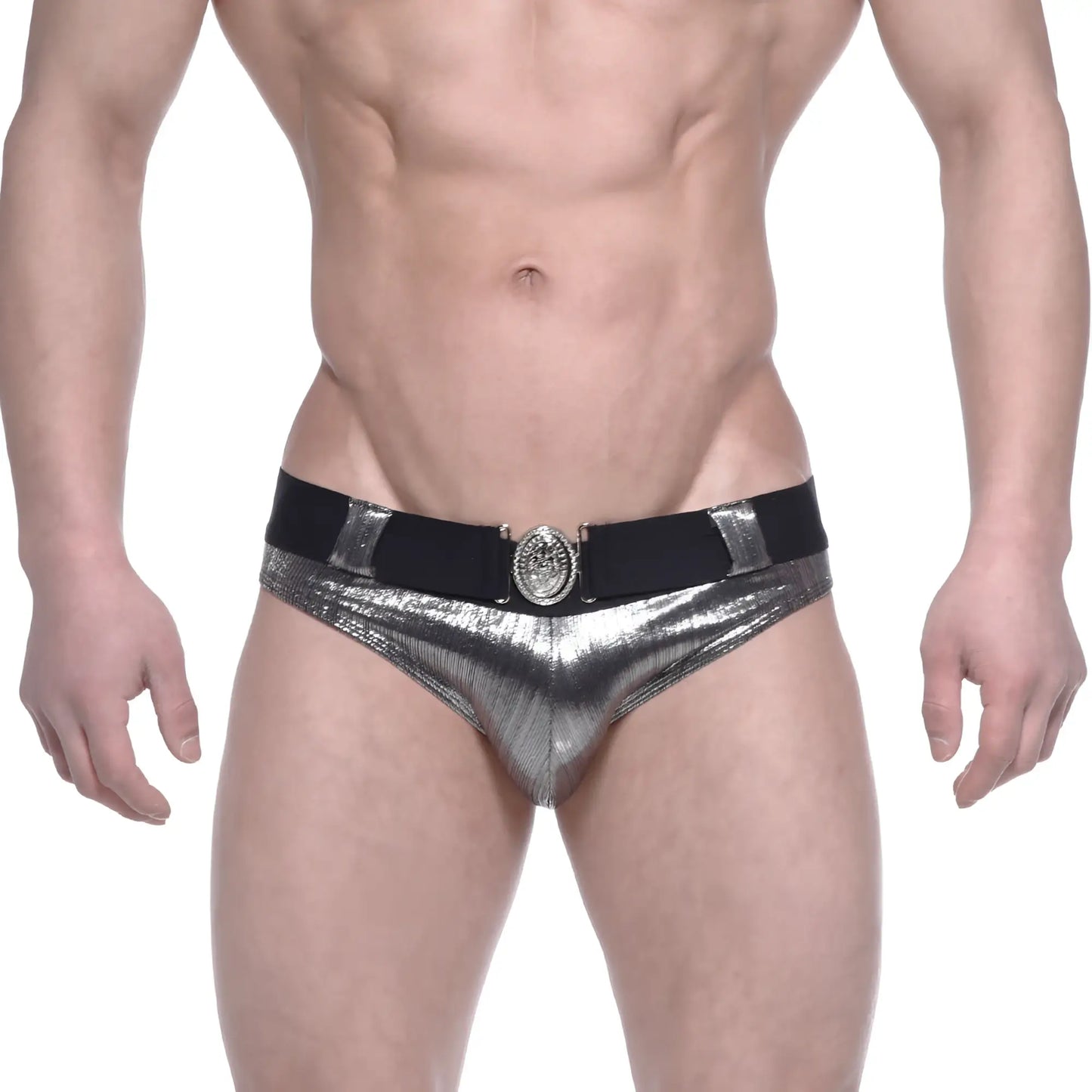 MetroMaleWear STARS swim brief silver shiny metallic with black elastic waistband and ornate circular buckle