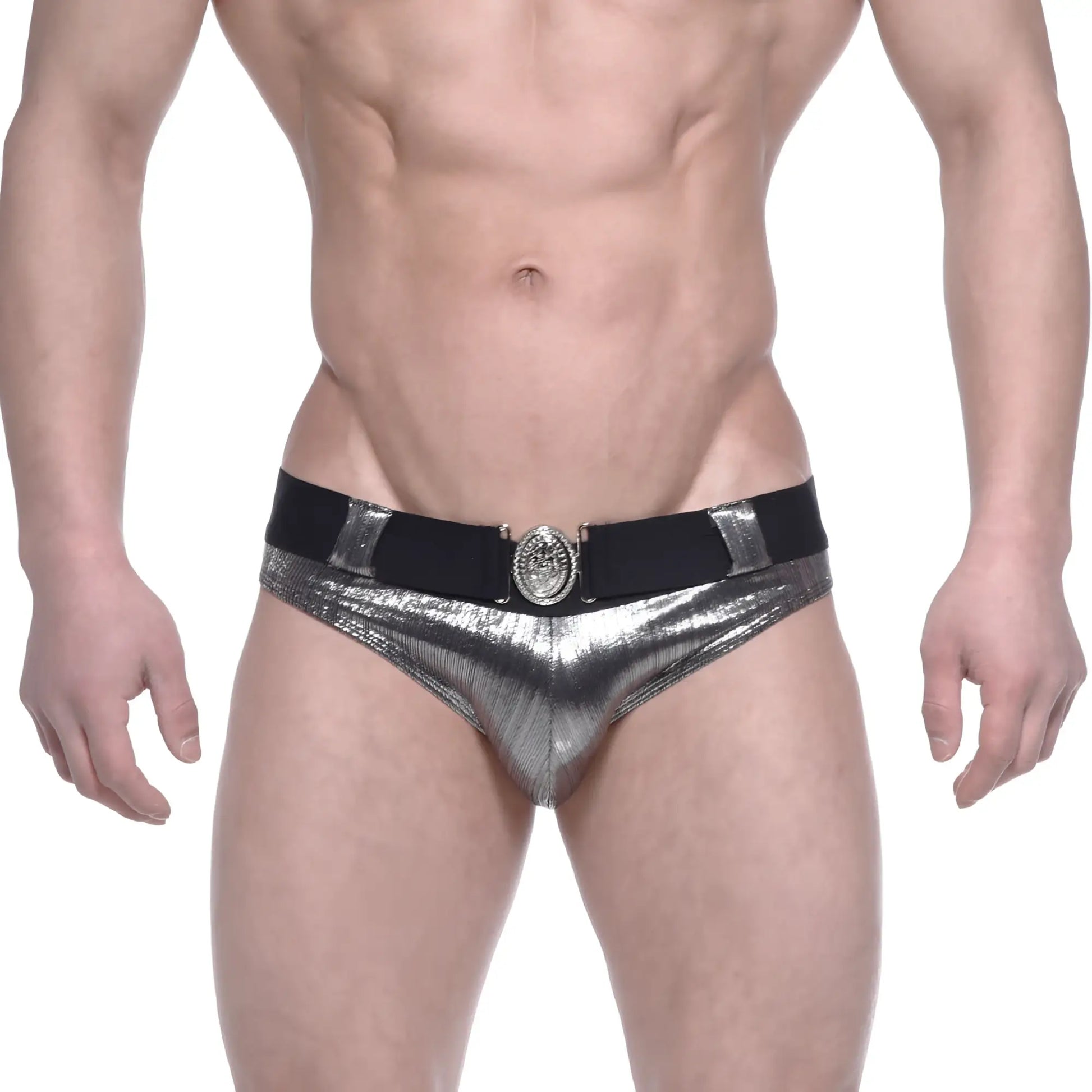 MetroMaleWear STARS swim brief silver shiny metallic with black elastic waistband and ornate circular buckle