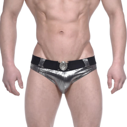 MetroMaleWear STARS swim brief silver shiny metallic with black elastic waistband and ornate circular buckle