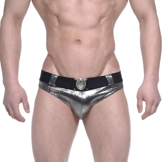MetroMaleWear STARS swim brief silver shiny metallic with black elastic waistband and ornate circular buckle