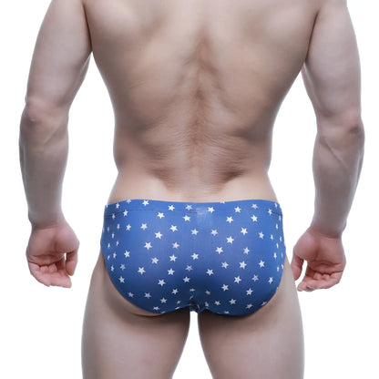Blue swim trunks metro male wear stella hip brief 5123-90 with white star pattern for comfortable beachwear
