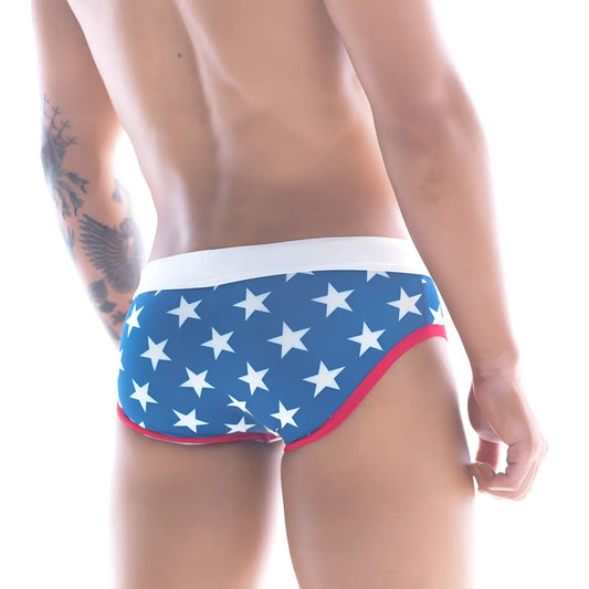 Metro male wear stella swim brief 4916-92 blue swim trunks with white stars and red trim for casual swimming