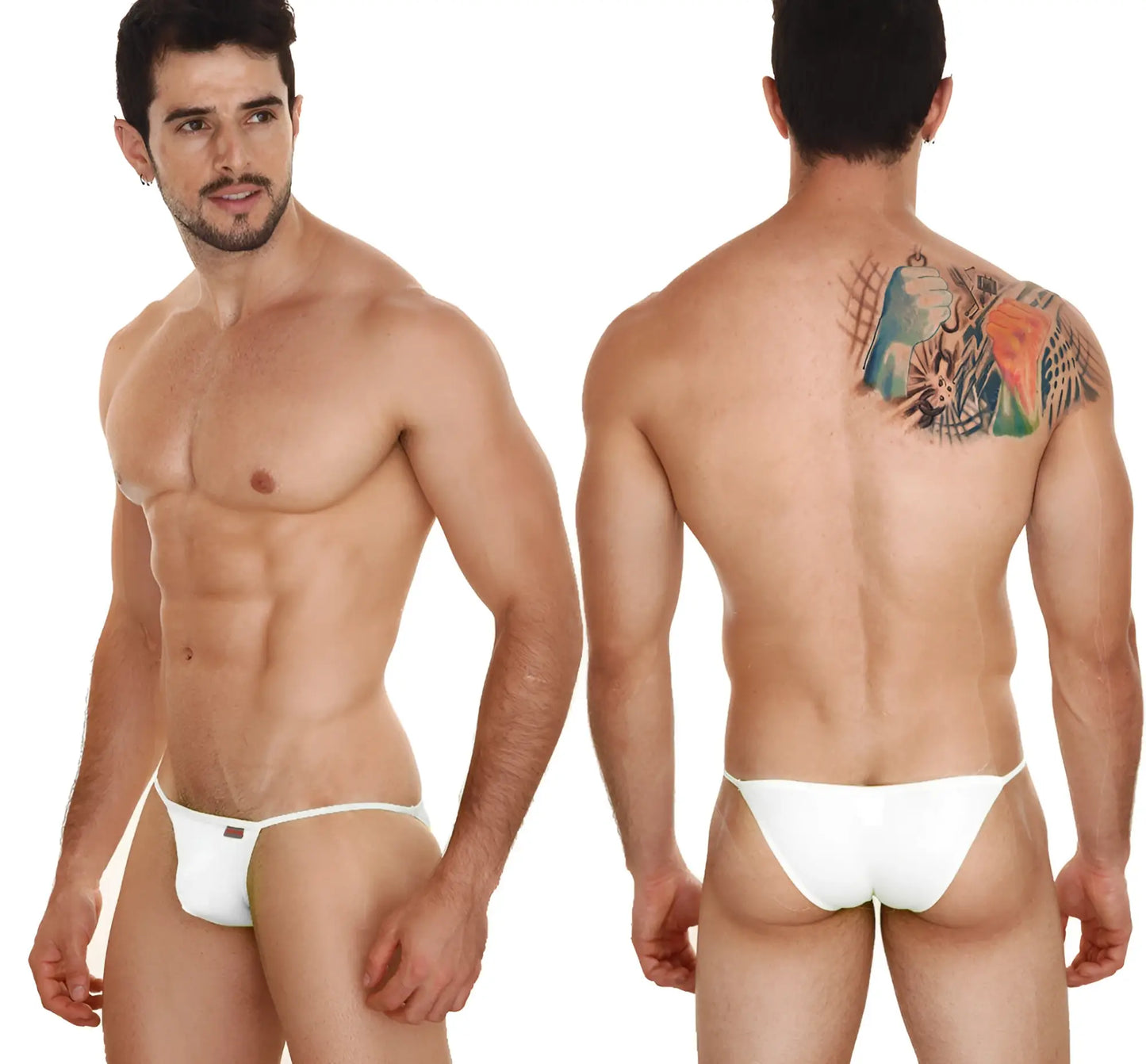 White metro male wear string bikini briefs with small black logo on left hipband designed for comfortable fit