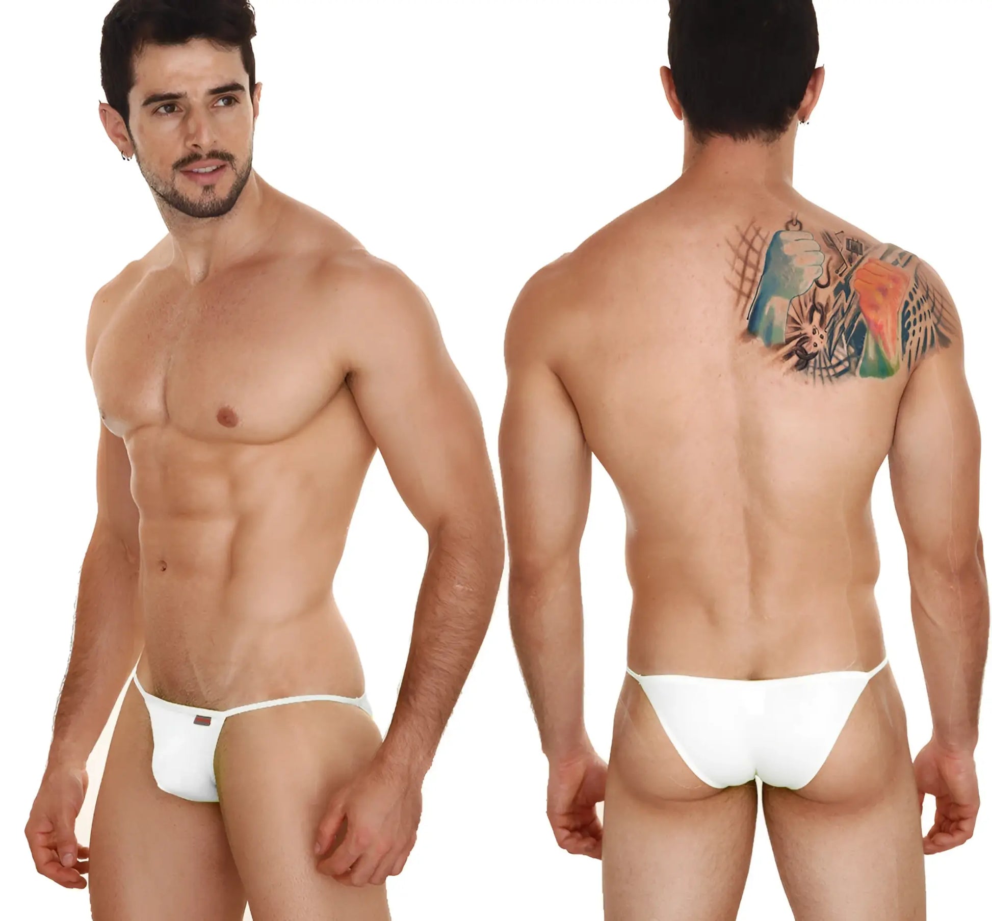 White metro male wear string bikini briefs with small black logo on left hipband designed for comfortable fit