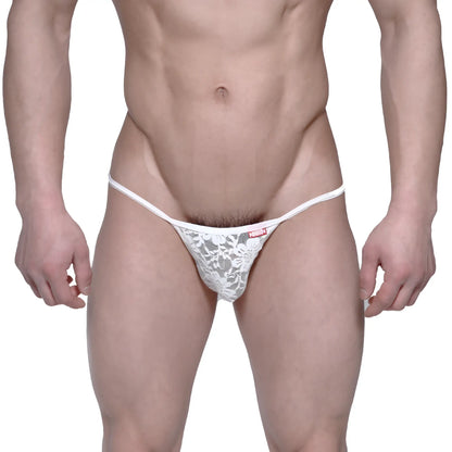 White lace thong string bikini with delicate floral pattern and thin elastic waistband by MetroMaleWear