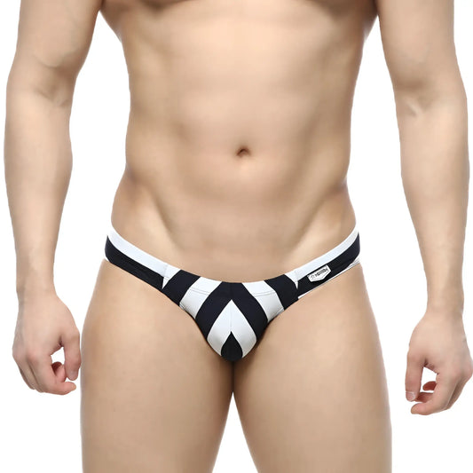 Black and white striped men’s briefs with a chevron pattern metroMalewear stripe bikini 5103-29 front view