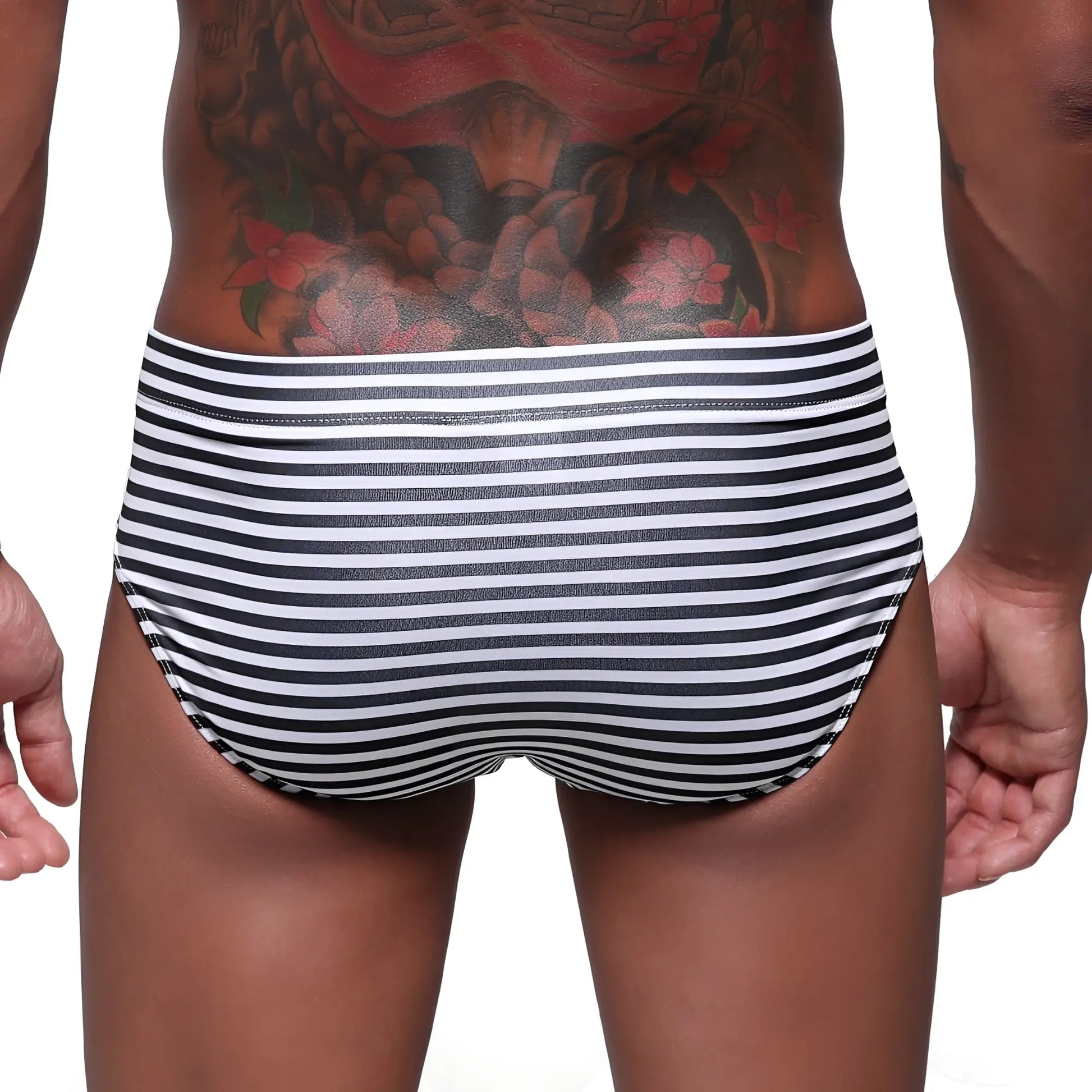 Black and white striped snug fit men’s swim trunks metroMalewear stripe swim brief black 4928-03