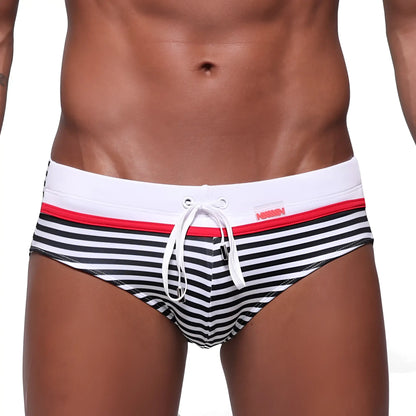 MetroMaleWear stripe swim brief white 4928-02 features black and white stripes with red accent and white drawstring waistband