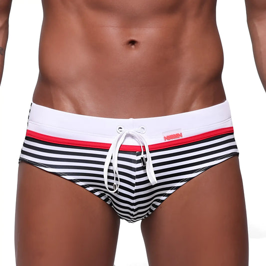 MetroMaleWear stripe swim brief white 4928-02 features black and white stripes with red accent and white drawstring waistband