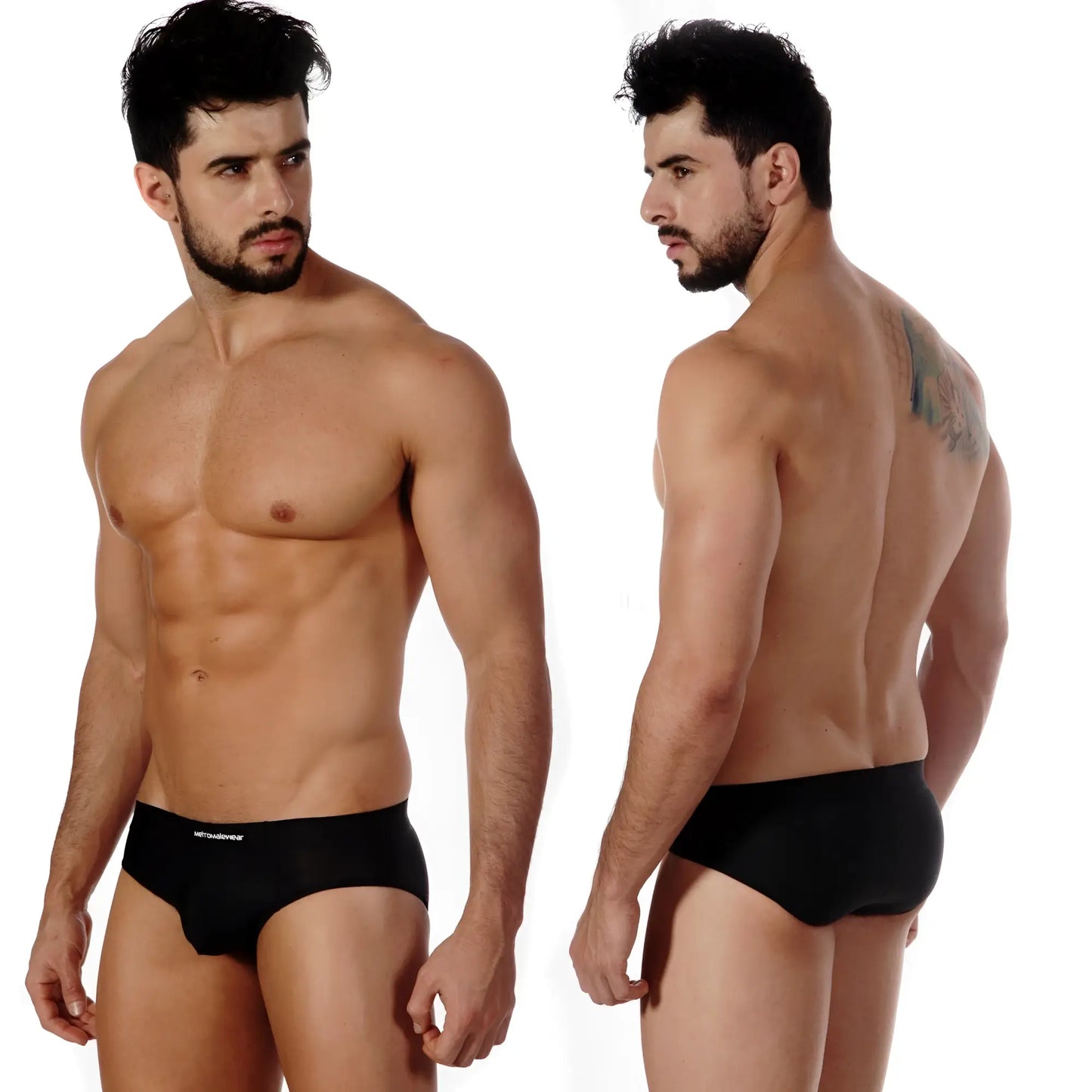 Black MetroMaleWear sunbathing briefs with a subtle white logo on the waistband designed for comfort and style
