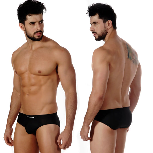 Black MetroMaleWear sunbathing briefs with a subtle white logo on the waistband designed for comfort and style