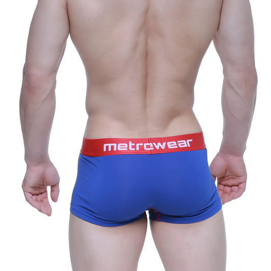 Blue metrowear boxer briefs with a red waistband and white lettering from the MetroMaleWear Superman Trunk 6123-18 collection