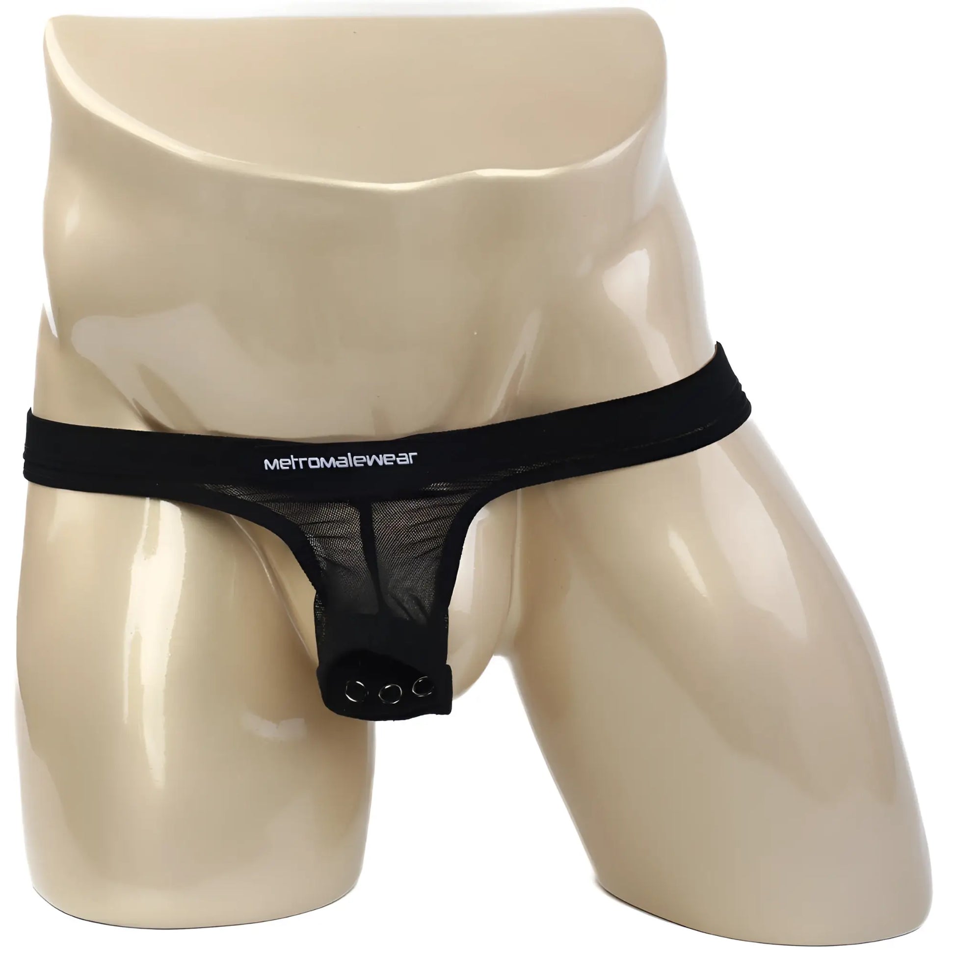 Black mesh thong with solid black waistband featuring metromalewear brand name in white letters front view