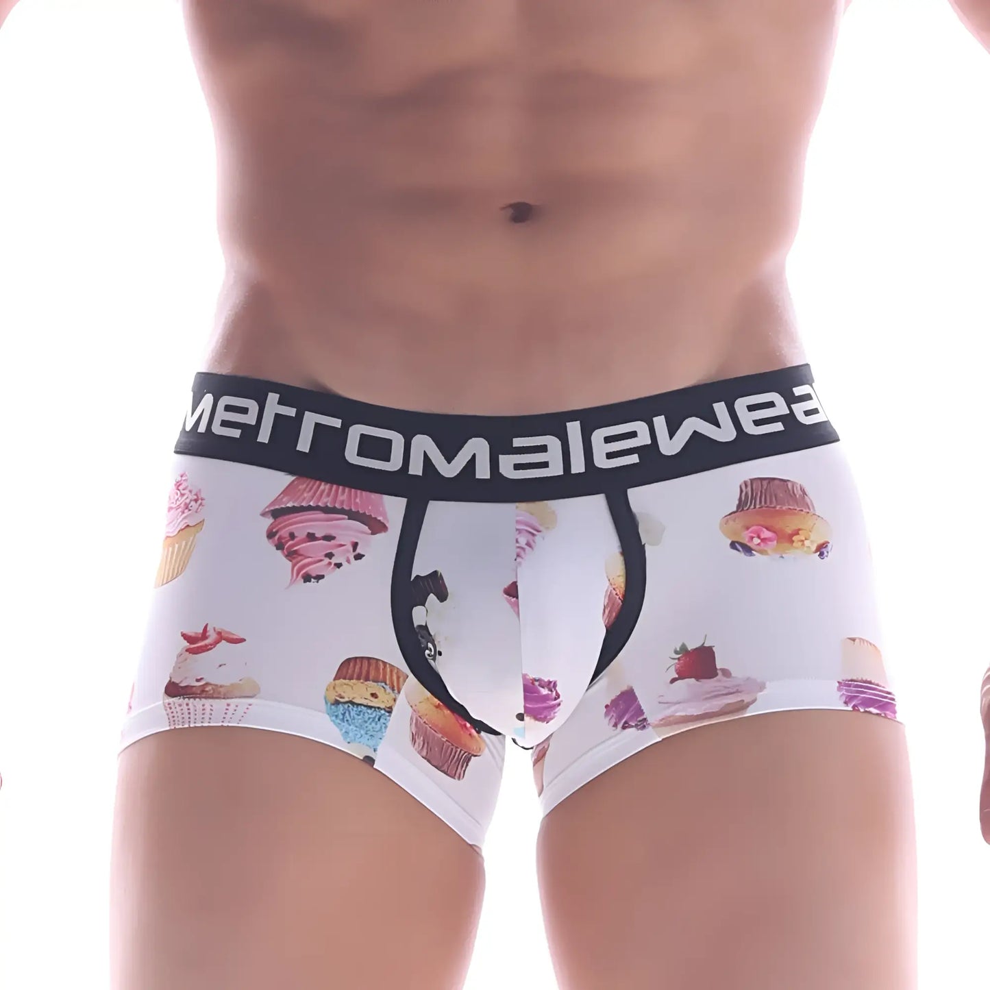 White men’s briefs with colorful cupcake print and black metromalewear branded waistband metro malewear sweet cake short boxer