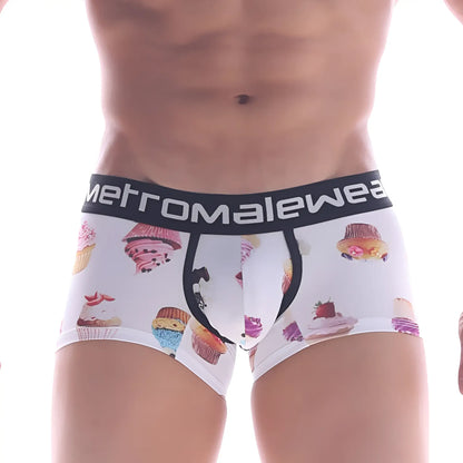 White men’s briefs with colorful cupcake print and black metromalewear branded waistband metro malewear sweet cake short boxer
