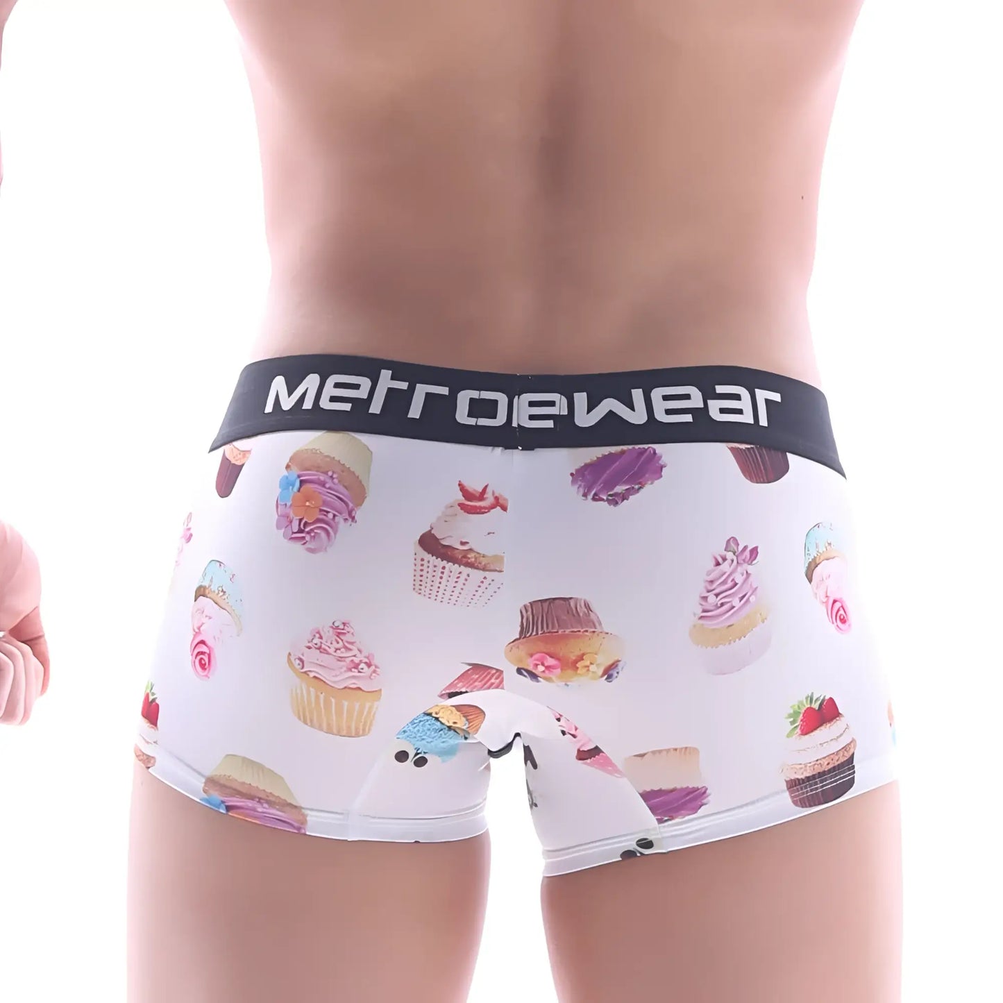 White men’s briefs with colorful cupcake pattern and black metrowear waistband metro male sweet cake short boxer