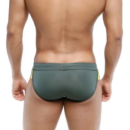 Dark green metro malewear swim brief campus 4923-42 with yellow side stripes designed for swim use