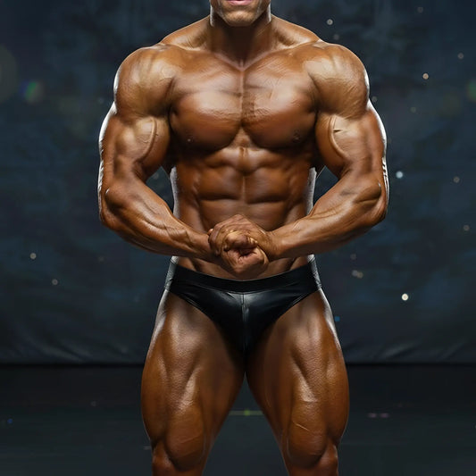 A muscular male bodybuilder wearing black glossy MetroMaleWear swim brief solid black 4946-19 front view