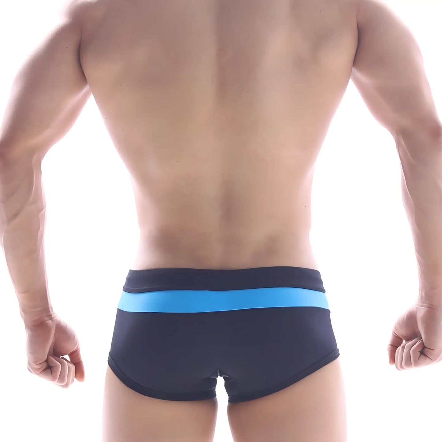 MetroMaleWear swim trunk sky 4913-45 black with bright blue stripe across waistband for casual swimming use
