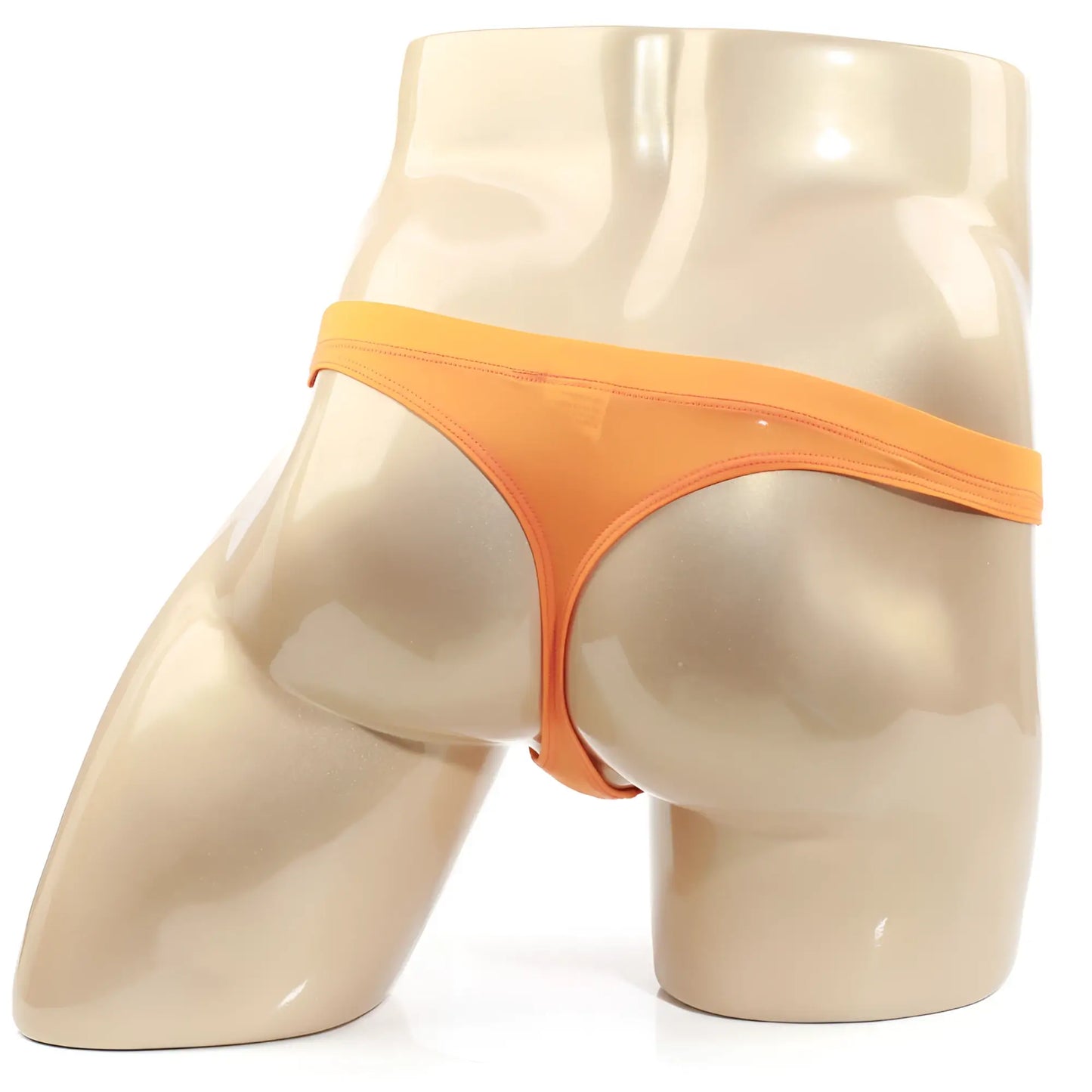 MetroMalewear tasman orange thong on a mannequin showing the front with breathable fabric and sleek design
