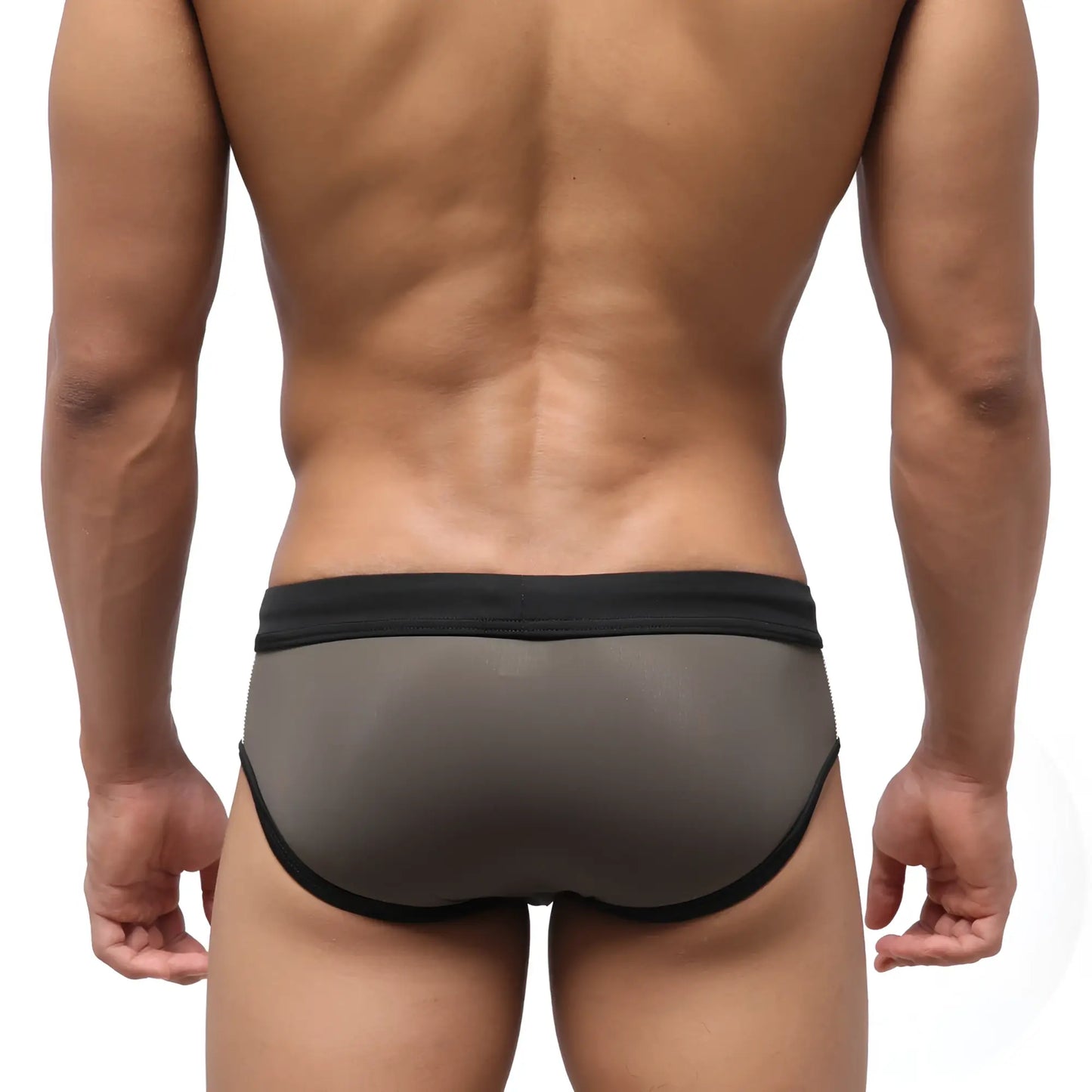 MetroMaleWear Tebai swim brief in khaki gray mesh with black trim designed for comfortable swimwear use