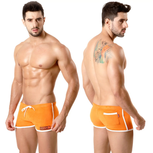 MetroMaleWear terry short orange athletic shorts with white trim and a small side logo for active use