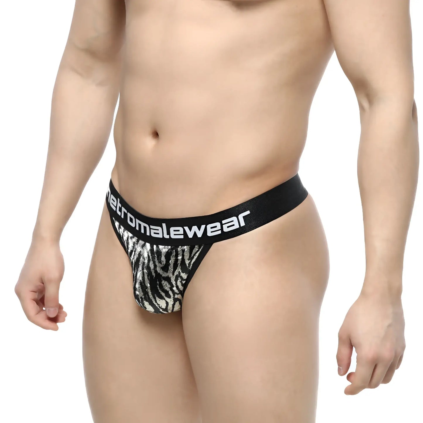 Black and white zebra-print MetroMaleWear Tiger Thong 2912-61 men’s briefs with a branded waistband