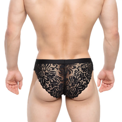 MetroMaleWear Todd Brief black lace underwear with intricate floral patterns and solid black waistband