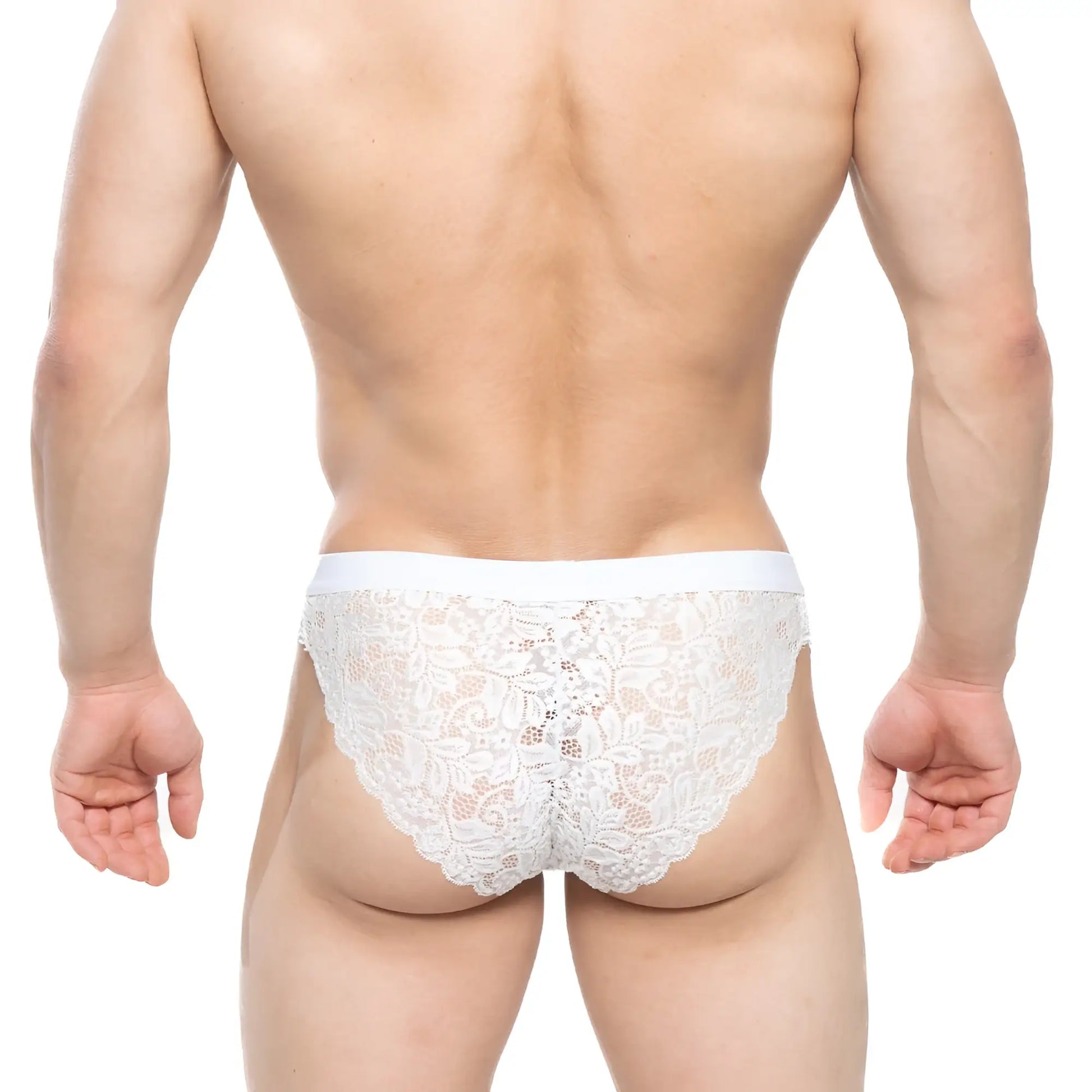 Metro male wear todd brief white 1403-00 white lace briefs with delicate floral patterns and scalloped edge