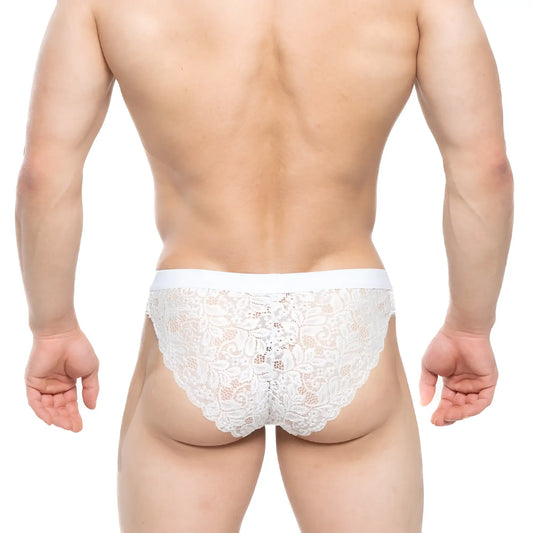Metro male wear todd brief white 1403-00 white lace briefs with delicate floral patterns and scalloped edge