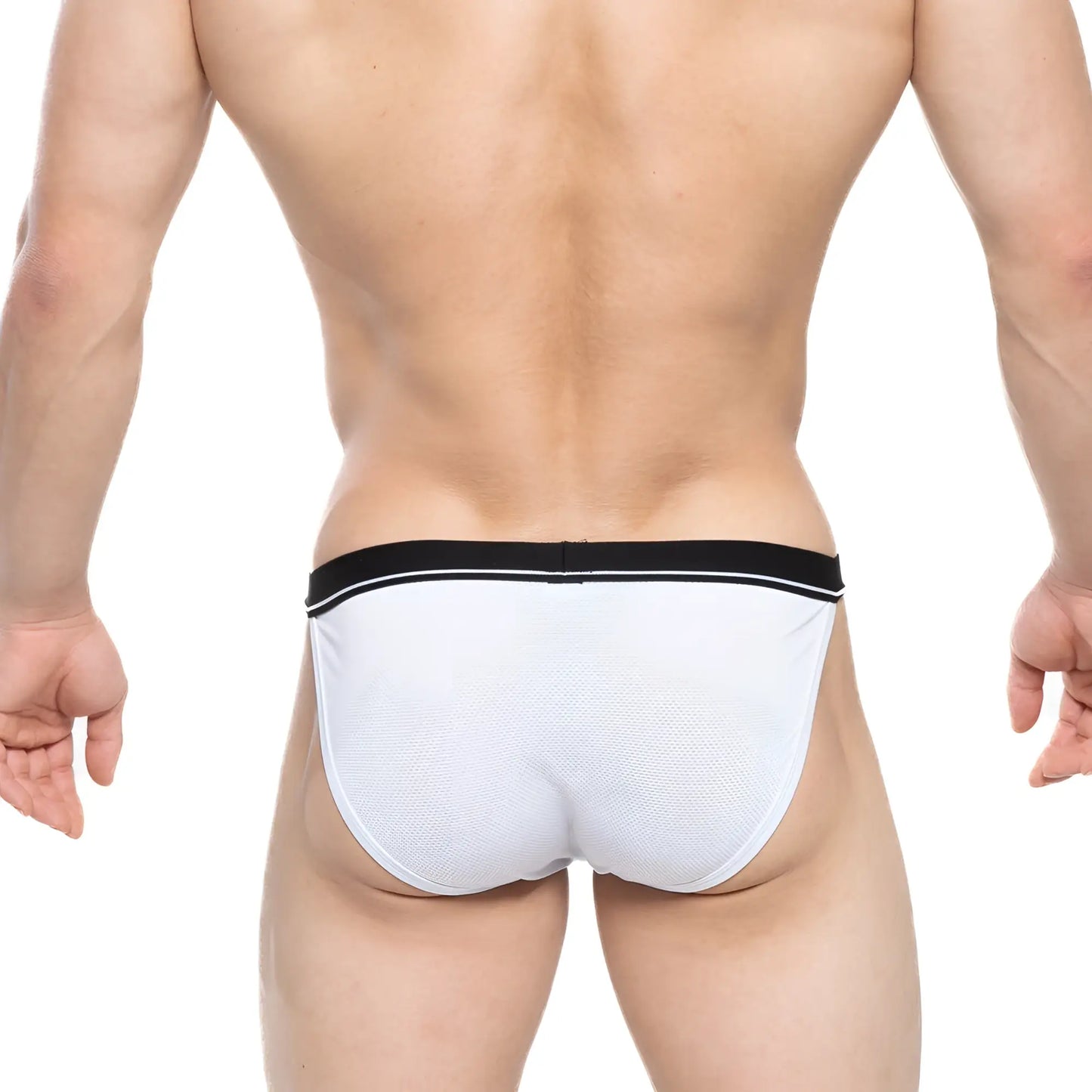 Metro male wear tomcat bikini white mesh briefs with black elastic waistband and white trim