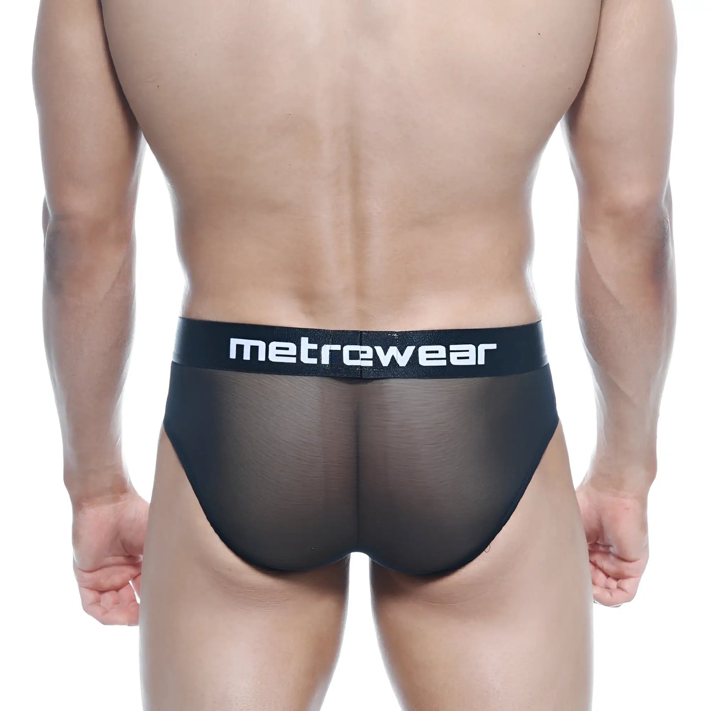 Black mesh metro male wear tron hip brief with solid black waistband and white metrewear logo visible on the front