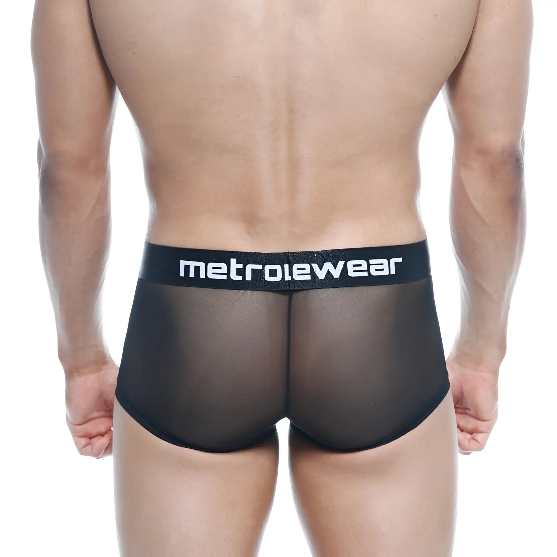 Black mesh briefs with solid black waistband and metrowear logo in white from metromalewear tron trunk 2026-70