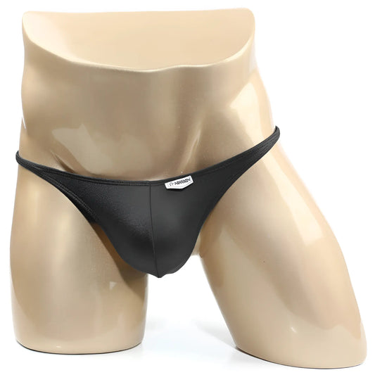 Black sleek minimalist thong with subtle MetroMaleWear brand tag at front perfect for stylish daily wear
