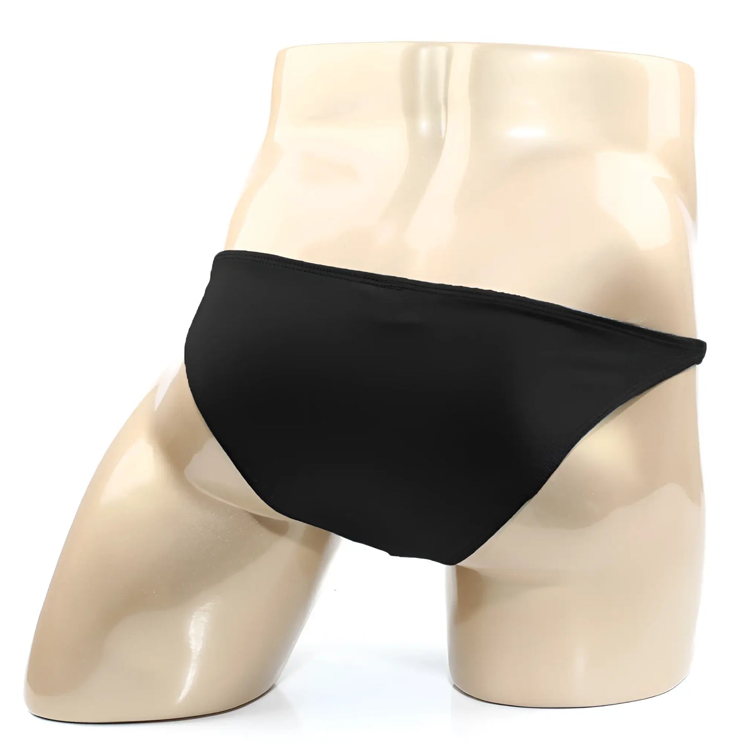 Black smooth-textured metroMalewear TROZO bikini briefs displayed on a mannequin showing front view