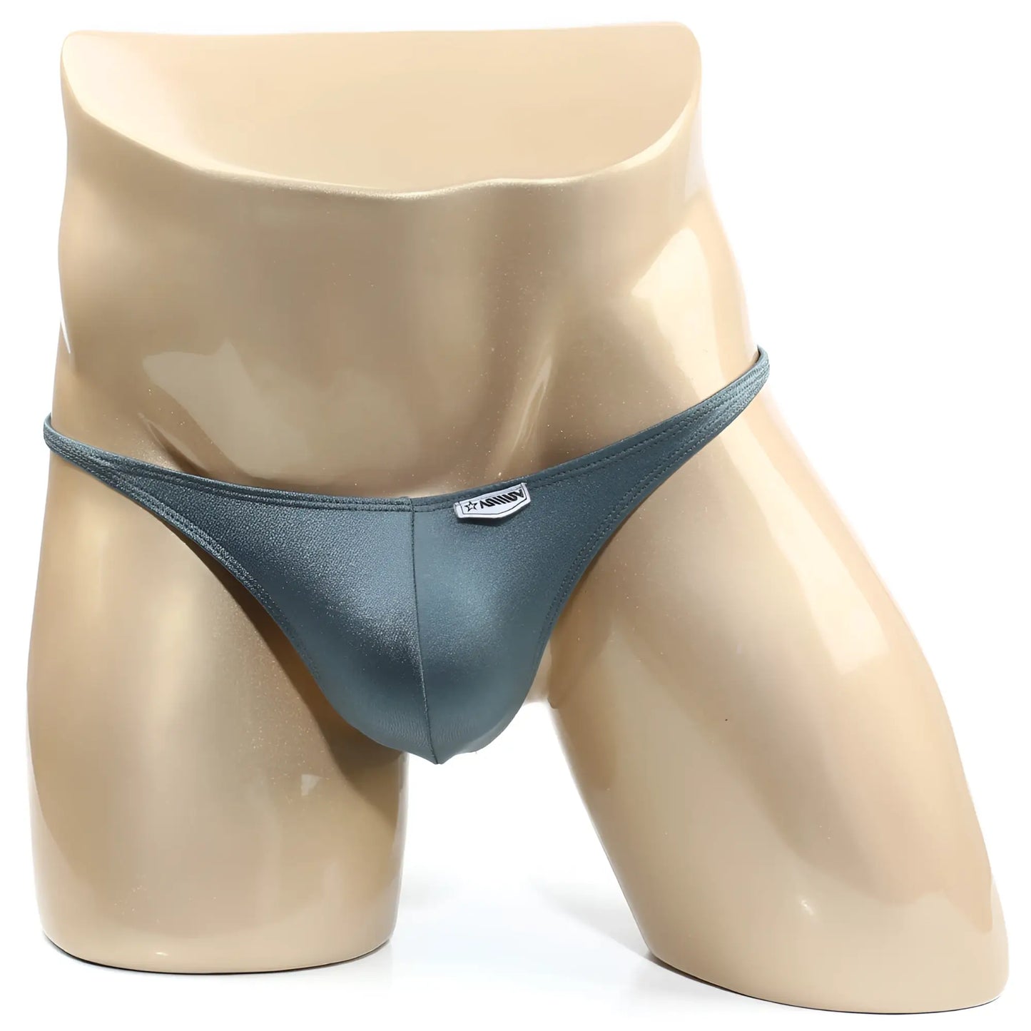 A sleek dark teal satin thong with subtle sheen and small silver logo tag metroMalewear trozo bikini green 6126-07