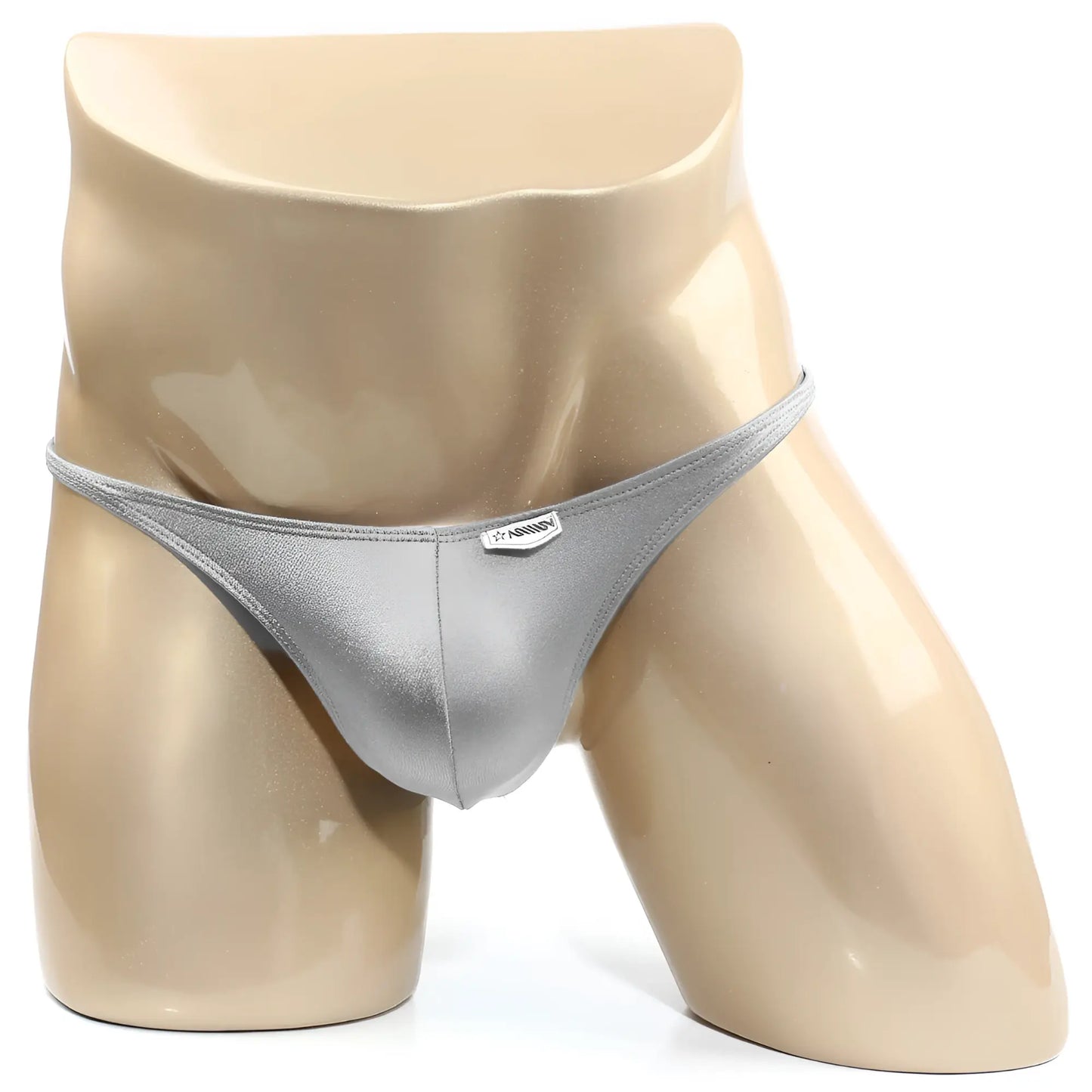 Silver metallic TROZO bikini thong featuring a small rectangular MetroMaleWear brand tag on the front