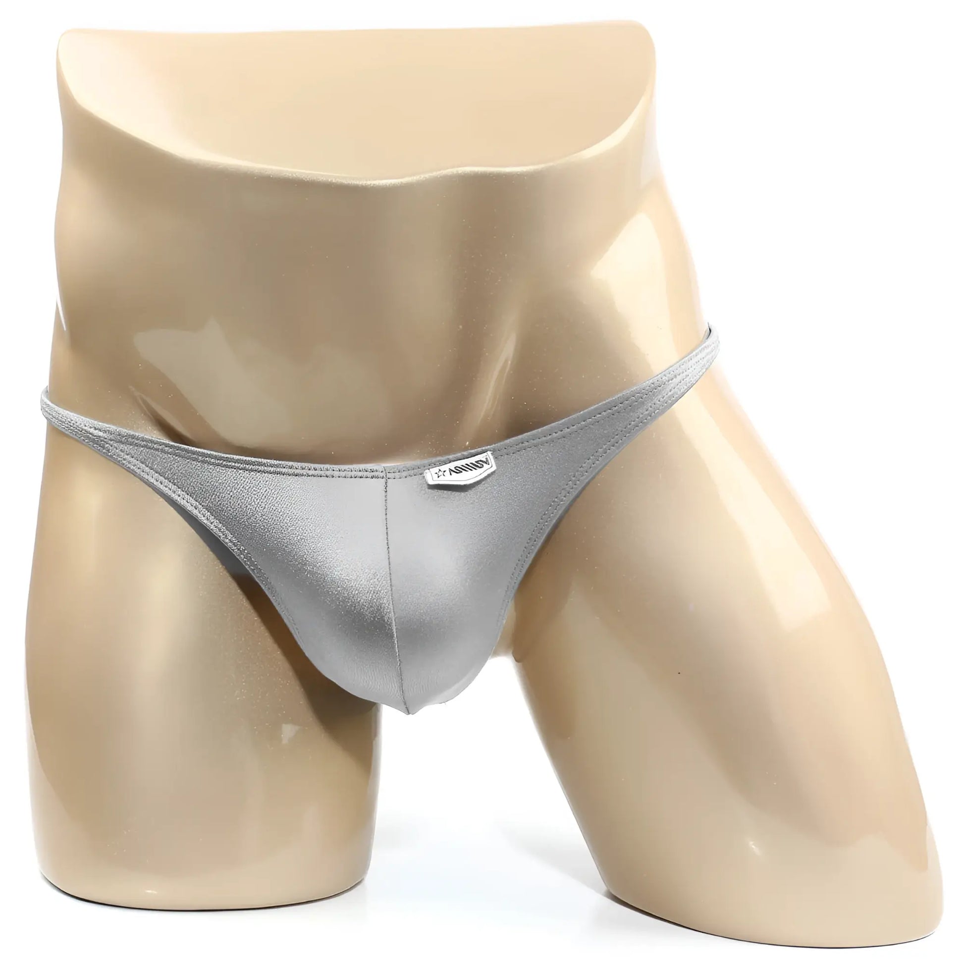 Silver metallic TROZO bikini thong featuring a small rectangular MetroMaleWear brand tag on the front