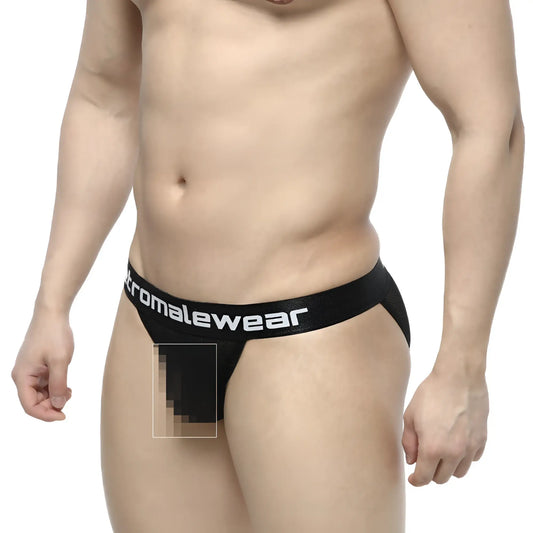 Black chromalewear thong with mesh panel and white branding on waistband MetroMaleWear Tull Bikini 3004-31 back view
