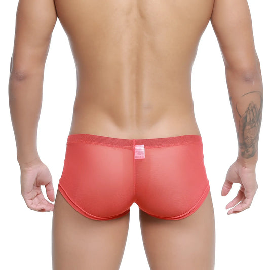 Coral-colored sheer mesh briefs with elastic waistband and snug fit from metromalewear tull rojo trunk 2125-13