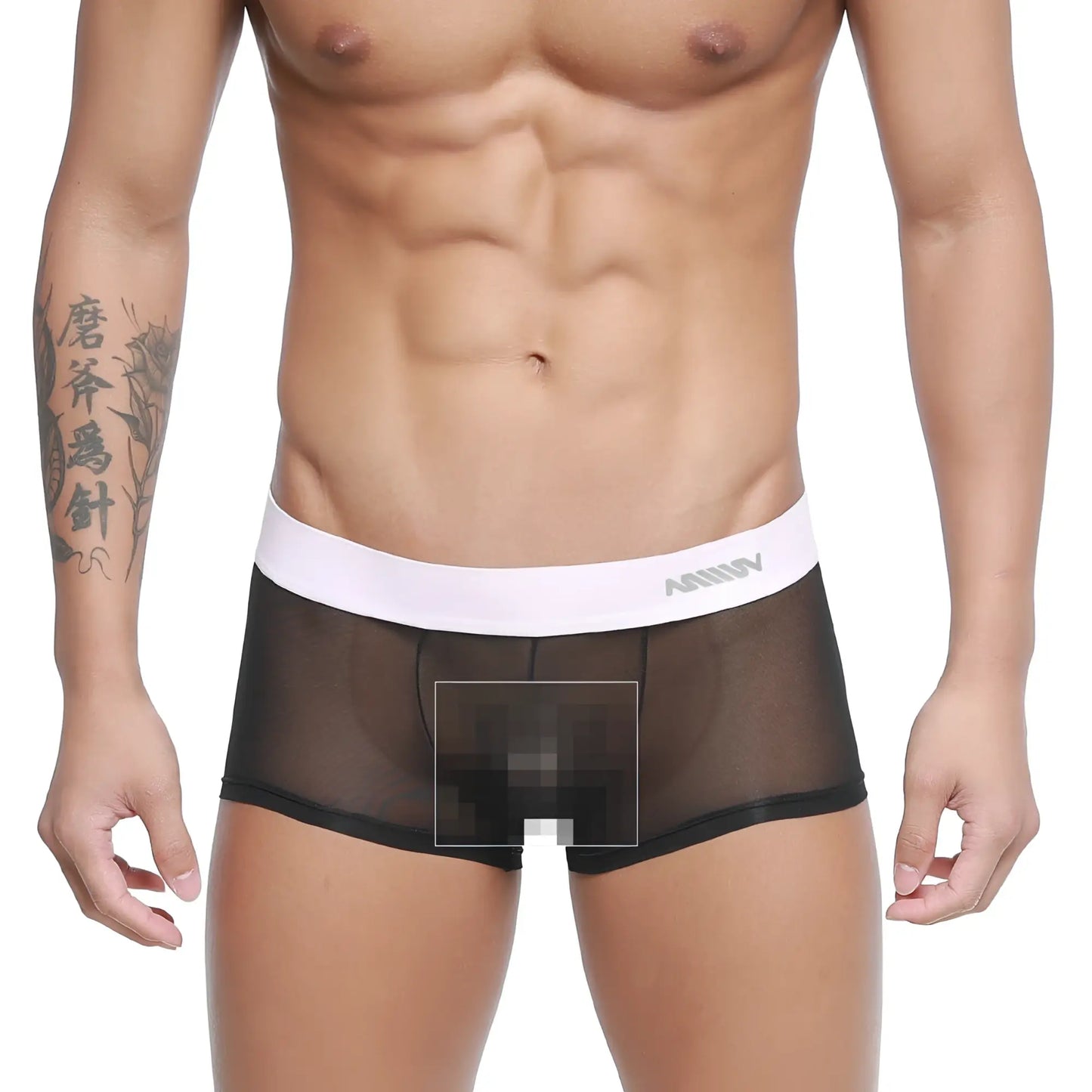 Black sheer mesh briefs with white elastic waistband branded amuw from MetroMaleWear Tull Trunk 2026-19