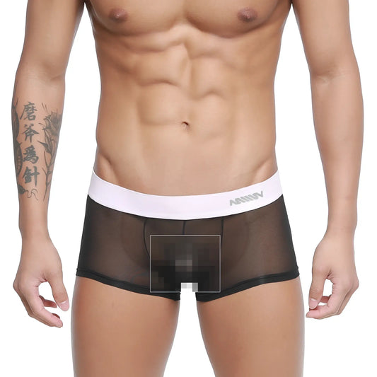 Black sheer mesh briefs with white elastic waistband branded amuw from MetroMaleWear Tull Trunk 2026-19
