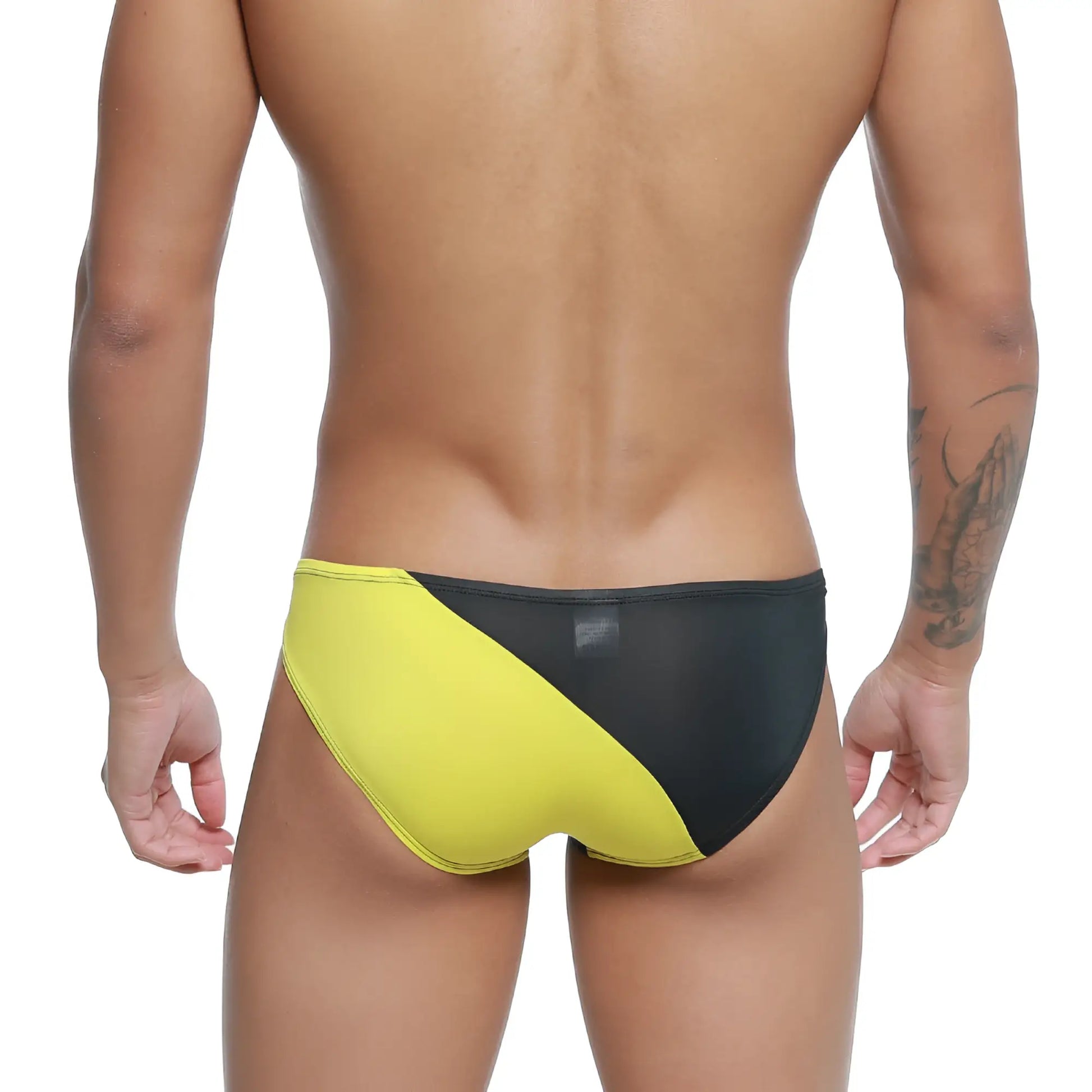 Metro male wear txm bikini black 5143-20 swim trunks with black and yellow diagonal cut design for casual swimming