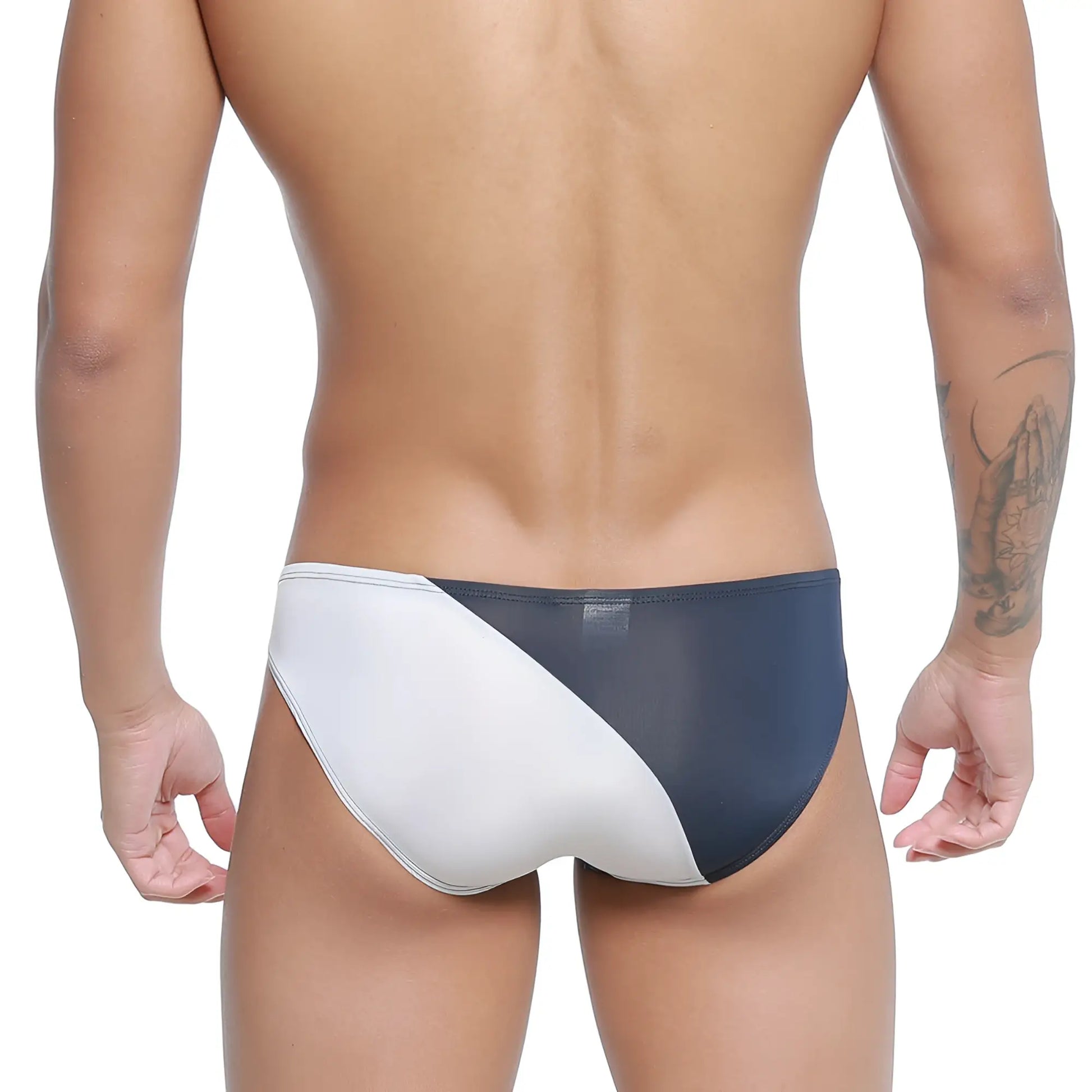 MetroMaleWear TXM bikini dark blue swim trunks with white navy two-tone mesh panel design for comfortable wear