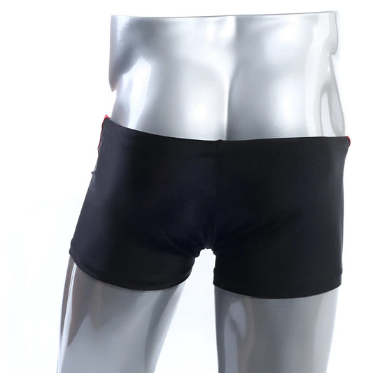 MetroMaleWear Ultra Square Cut black swim trunks with red side seam trim designed for comfortable swimwear use