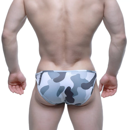 Gray and white camouflage-patterned men’s briefs metro male wear vacas bikini in soft breathable fabric
