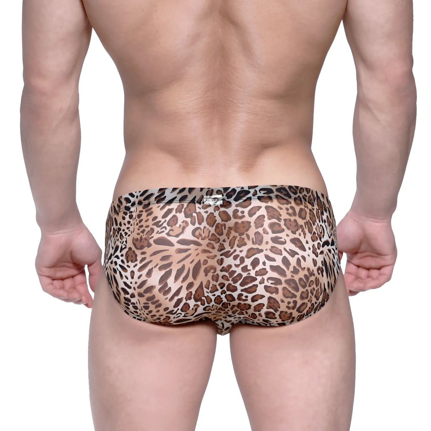MetroMaleWear Vasco hip brief animal yellow leopard print sheer stretchy fabric swim trunks with brown and black spots